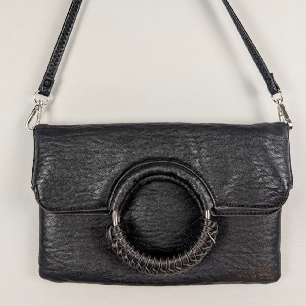 Carlos Santana Black Vegan‎ Leather Crossbody Purse Boho Artsy Moto Metal Rings